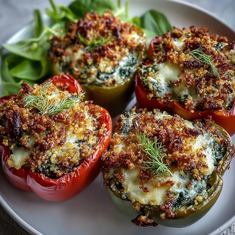Baked Vegan Spinach and Artichoke Stuffed Peppers are bubbling and golden, ready to serve with a fresh salad.