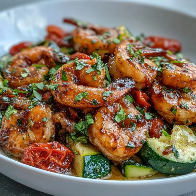 One-Pan Lemon Butter Shrimp with Zucchini and Tomatoes served over fluffy white rice with lemon wedges.