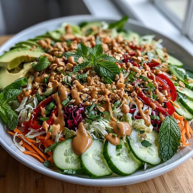 Tossed Vegan Spring Roll Salad with crunchy cabbage, carrots, and bean sprouts in a rich, savory peanut dressing.