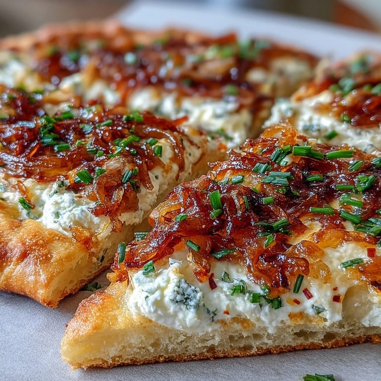 This vegetarian flatbread features creamy goat cheese and sweet caramelized onions, baked until bubbly, sliced into wedges on a marble counter.  