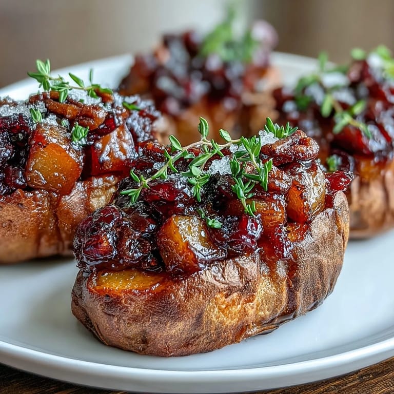 Freshly baked Cranberry Apple Twice Baked Sweet Potatoes drizzled with maple syrup and topped with flaky sea salt.