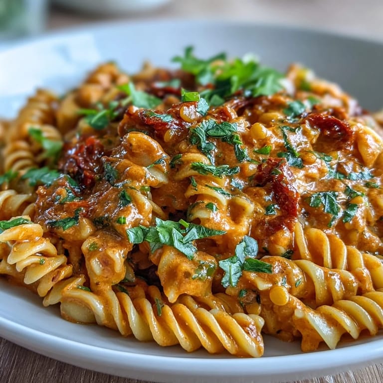 Smoky, protein-packed lentil and roasted red pepper pasta with nutritional yeast, offering a dairy-free Italian-inspired meal.  