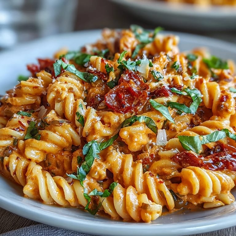 Rich, plant-based red pepper and lentil pasta, blended into a velvety sauce and garnished with fresh basil for added flavor.