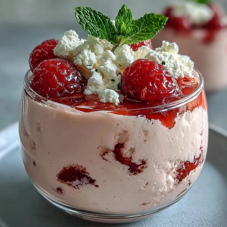 Smooth cottage cheese raspberry mousse topped with fresh raspberries and mint for a vibrant treat.