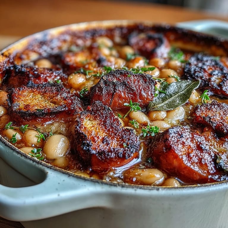Hearty Ham and White Bean Cassoulet served in a cast iron pot, topped with golden breadcrumbs and garnished with fresh parsley for a comforting French classic.