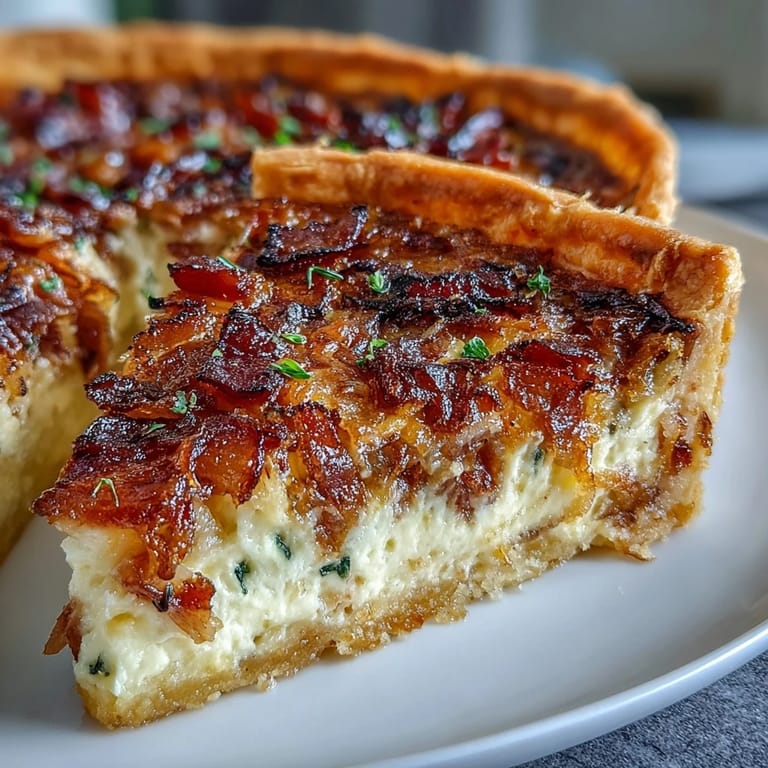 Savory quiche featuring smoky bacon, sweet caramelized onions, and melted cheese in golden shortcrust.  