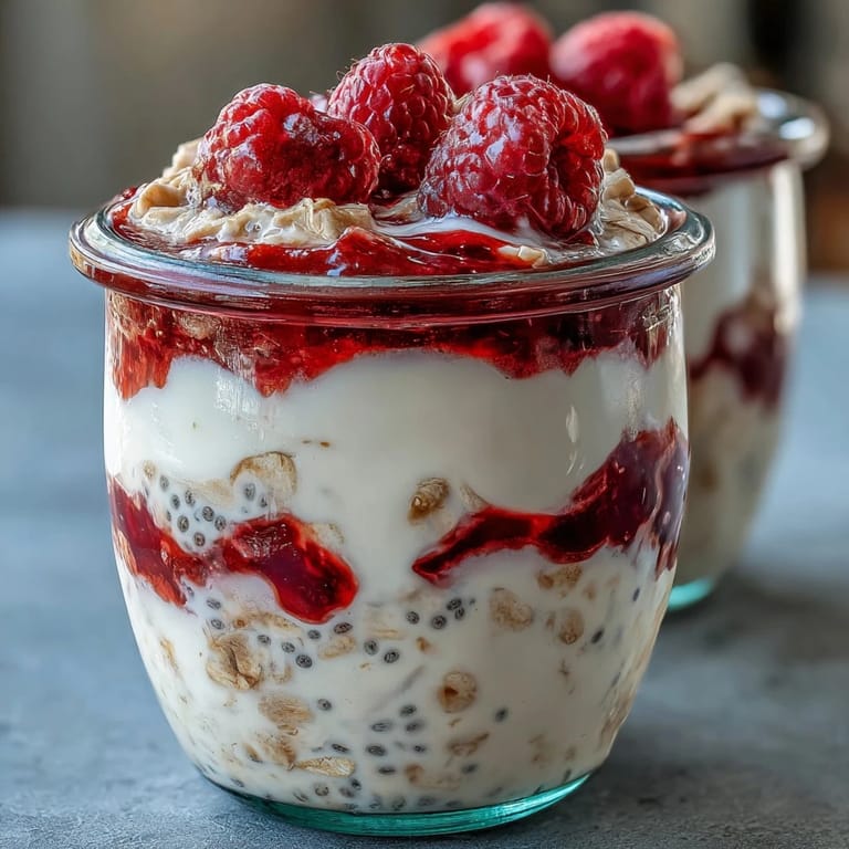 Wholesome overnight oats with fresh raspberries and chia seeds, ready for a healthy morning meal.