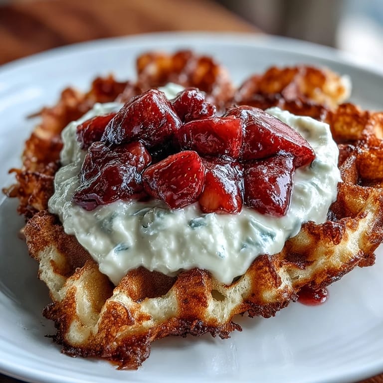 Light, airy heart waffles served with a velvety cottage cheese whip and sweet strawberries, making breakfast both nutritious and indulgent.