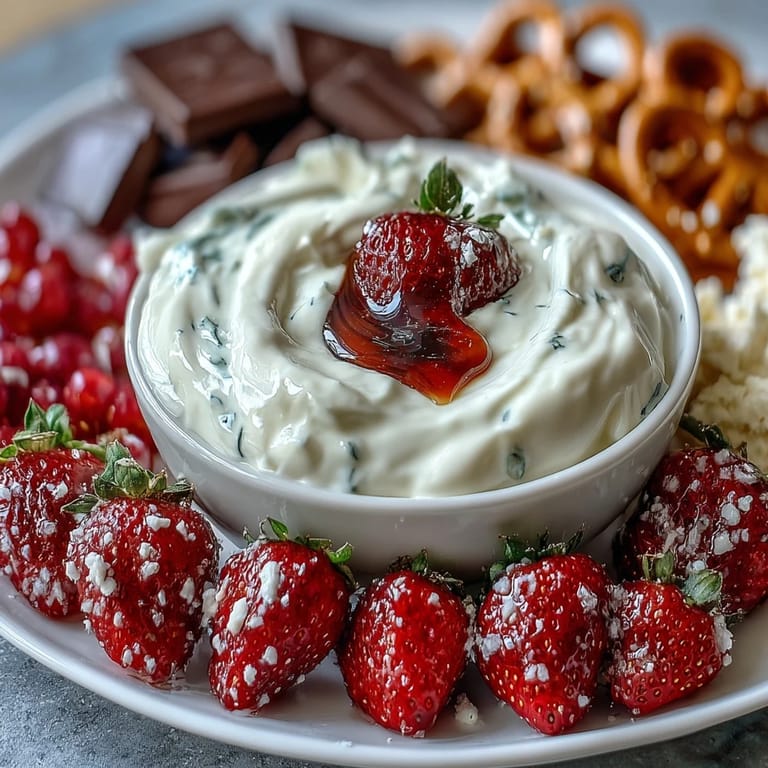 A festive snack board with juicy leftover strawberries, sweet and savory dippers, and a creamy honey-lemon yogurt dip, perfect for sharing with friends.