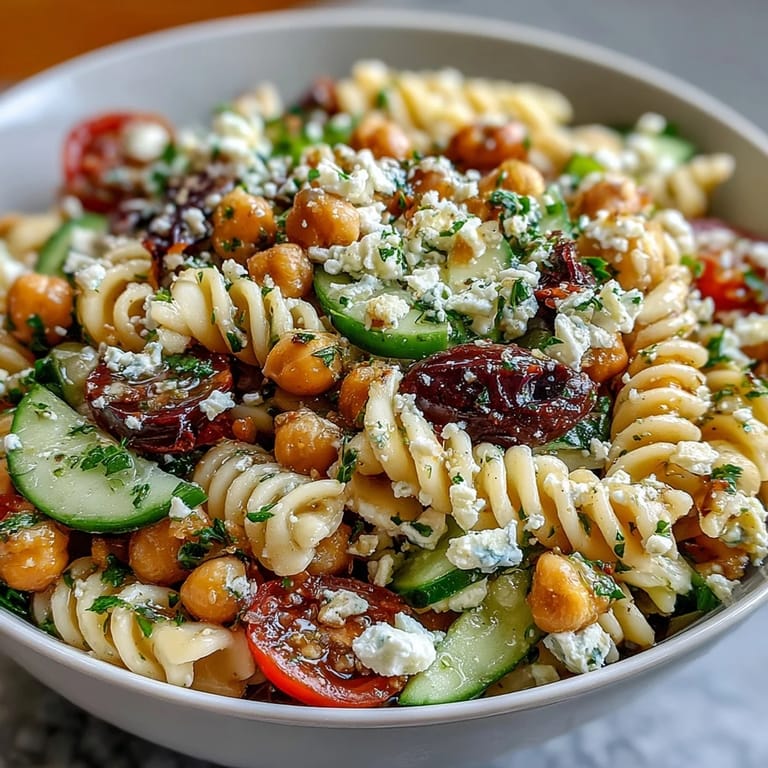 Fresh Mediterranean chickpea pasta salad with cucumber, cherry tomatoes, olives, and feta, drizzled with a bright lemon-oregano vinaigrette.
