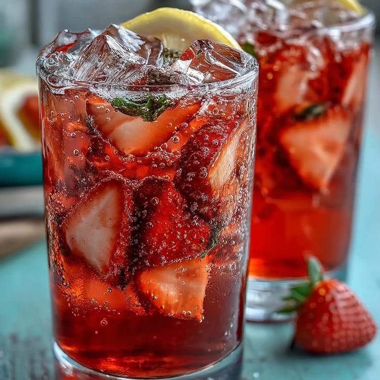 Bubbly non-alcoholic drink featuring fresh strawberries, zesty lemon juice, and sparkling water, served over ice with lemon garnish for a festive touch.