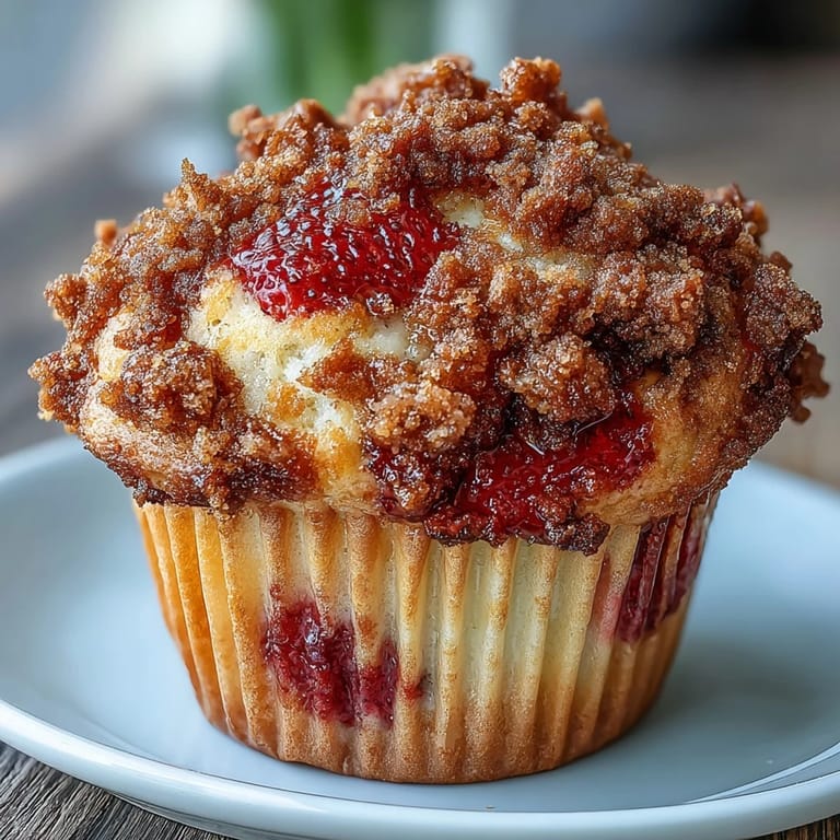 Crumb-topped strawberry sourdough muffins fresh from the oven, golden brown with a crunchy cinnamon streusel and vibrant red fruit.