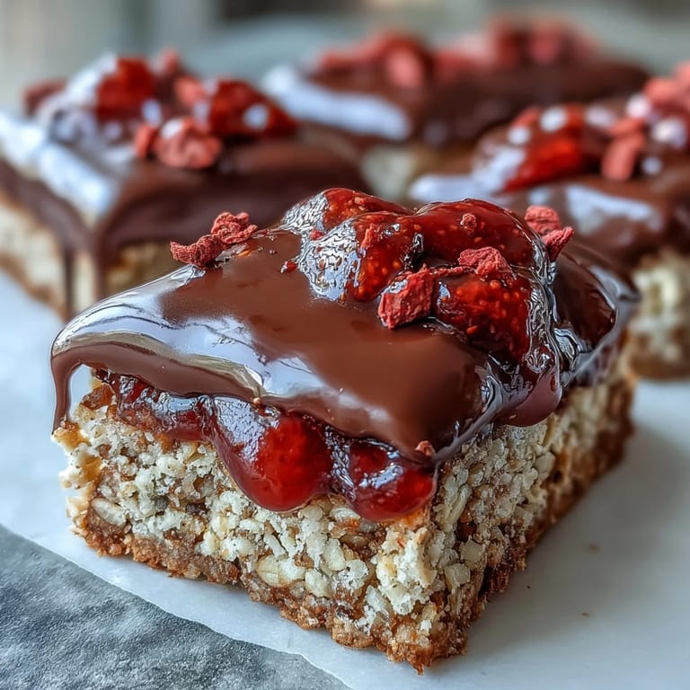 No-bake strawberry oat bars featuring vibrant freeze-dried strawberries, creamy peanut butter base, and decadent dark chocolate drizzle.  