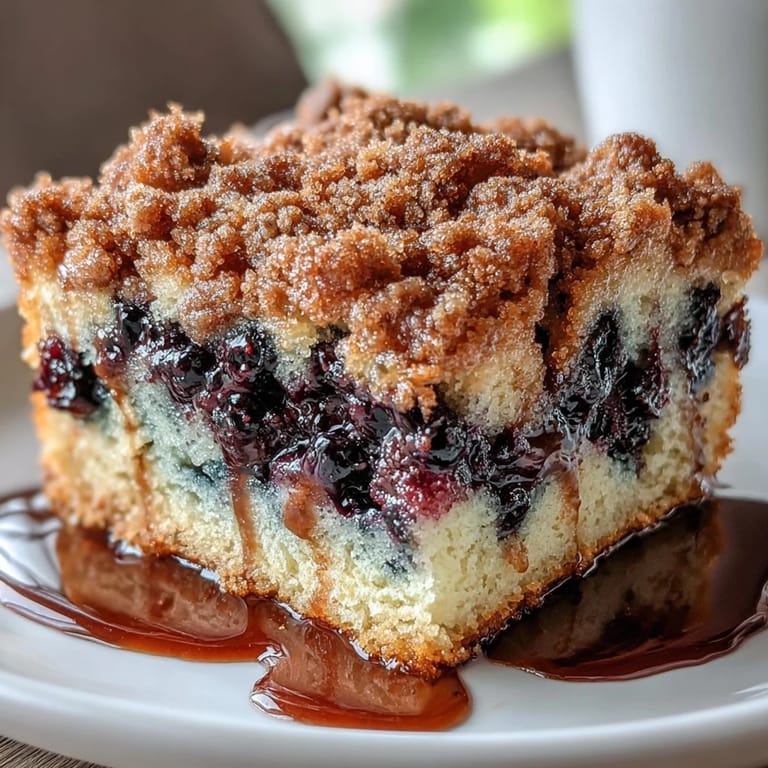 Close-up of tangy lemon sourdough coffee cake squares, bursting with blueberries and crowned with a crunchy cinnamon topping.