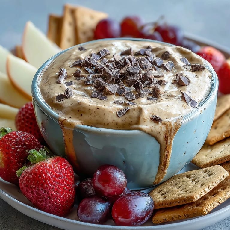Protein-packed cottage cheese cookie dough dip with mini chocolate chips, perfect for dipping colorful fresh fruit at parties or snack time.  