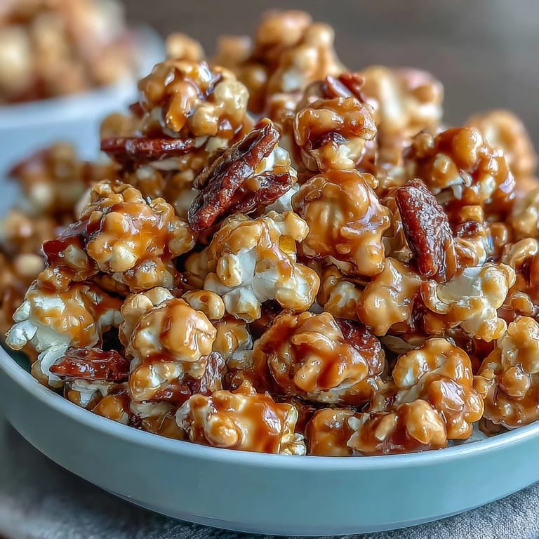 Golden caramel popcorn mixed with chewy dried apples and bright candy-coated chocolates, perfect for sharing at parties or movie nights.