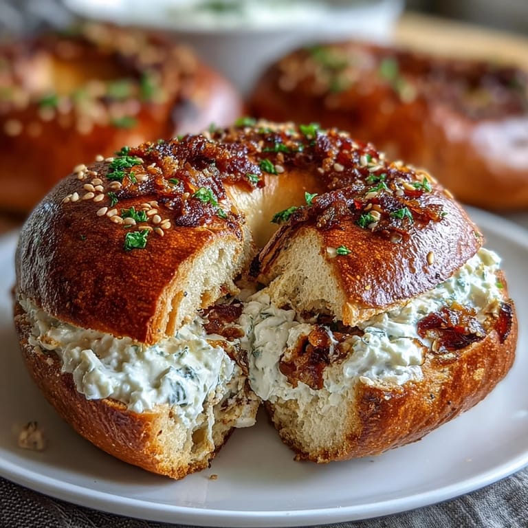 Chewy protein-packed bagels with creamy Greek yogurt dip, sprinkled with everything bagel seasoning, perfect for a healthy breakfast or snack.