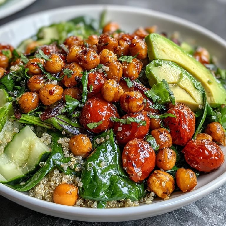 Fresh Lemon Vinaigrette Grain Bowls with Roasted Chickpeas: This vibrant, plant-based bowl features crunchy roasted chickpeas, fresh cucumber, and juicy tomatoes, tossed with zesty lemon vinaigrette for a refreshing meal.