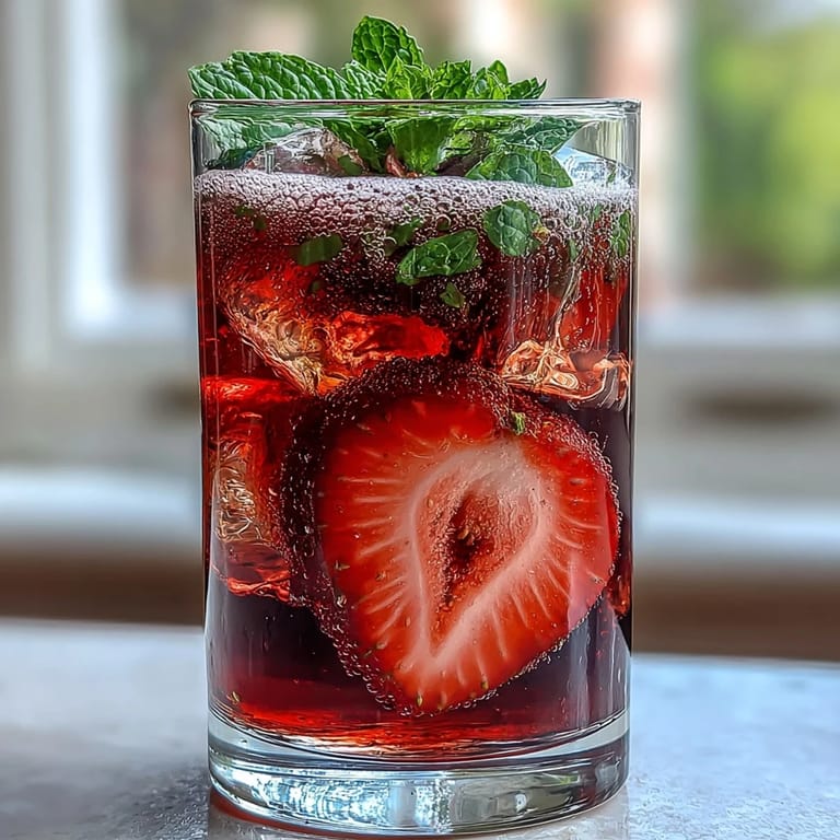 Chilled glasses filled with ice and topped with sparkling strawberry lemon mocktail, garnished with fresh mint and bright lemon wheels for a festive look.