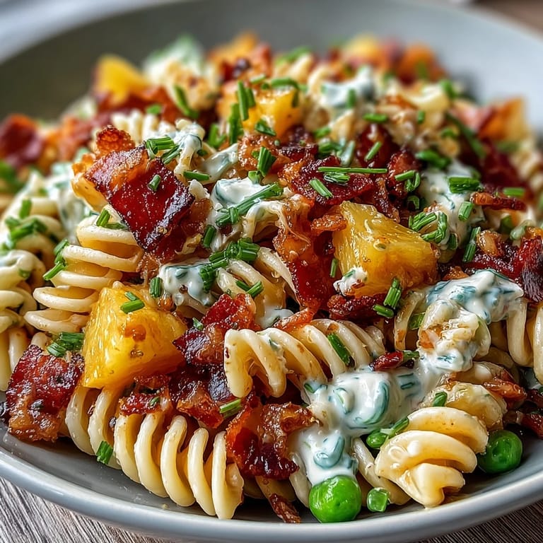 Tropical pasta salad featuring sweet pineapple, savory ham, and crunchy bell peppers, tossed in tangy ranch dressing.