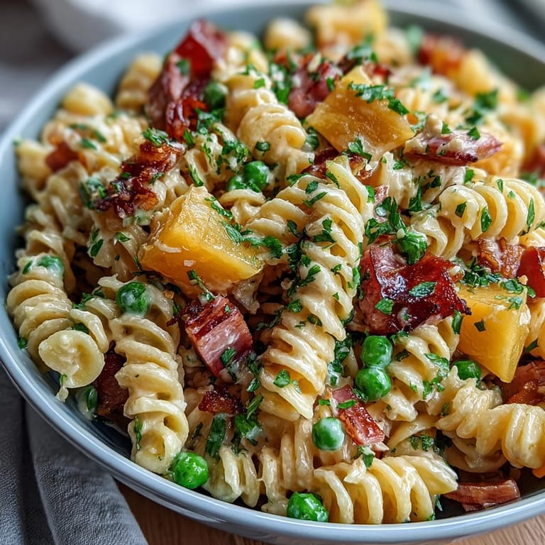 Creamy ranch pasta salad with diced ham, juicy pineapple, and crisp vegetables, served chilled for a refreshing meal.  