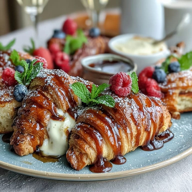 Elegant brunch board featuring flaky croissants, assorted pastries, colorful berries, and classic orange mimosas.