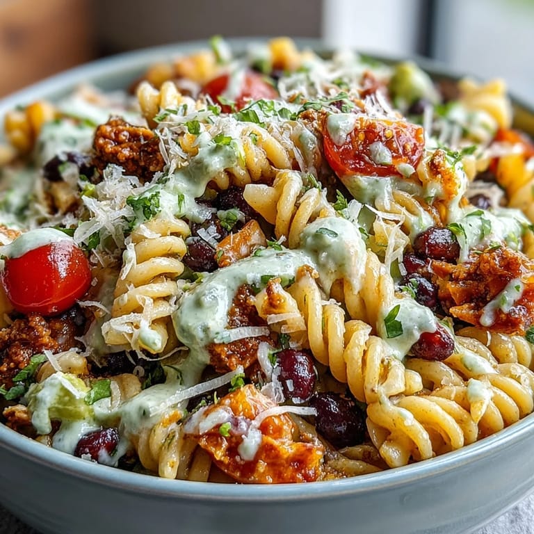 Fresh summer potluck taco pasta salad loaded with cherry tomatoes, avocado, and bell peppers, perfect for sharing at gatherings.