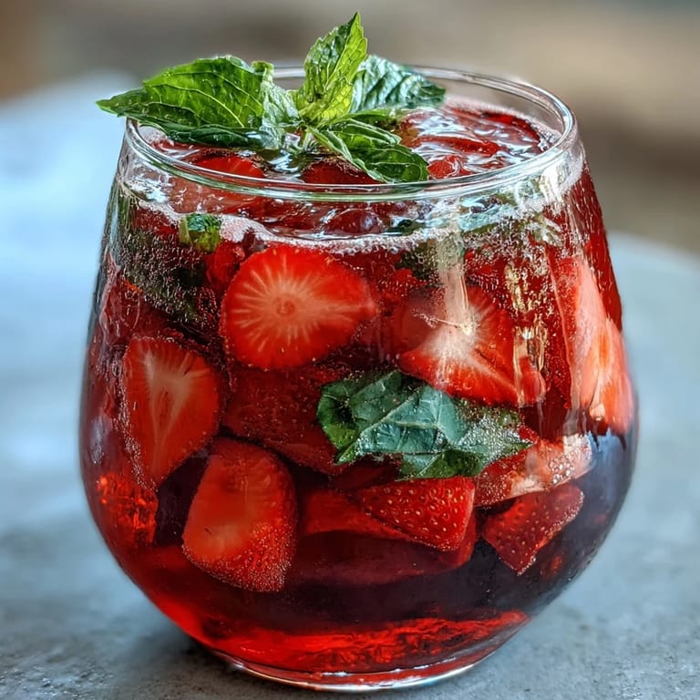 Refreshing strawberry basil lemonade mocktail with sliced berries and aromatic herbs, served chilled over ice for a bright, tangy sip.