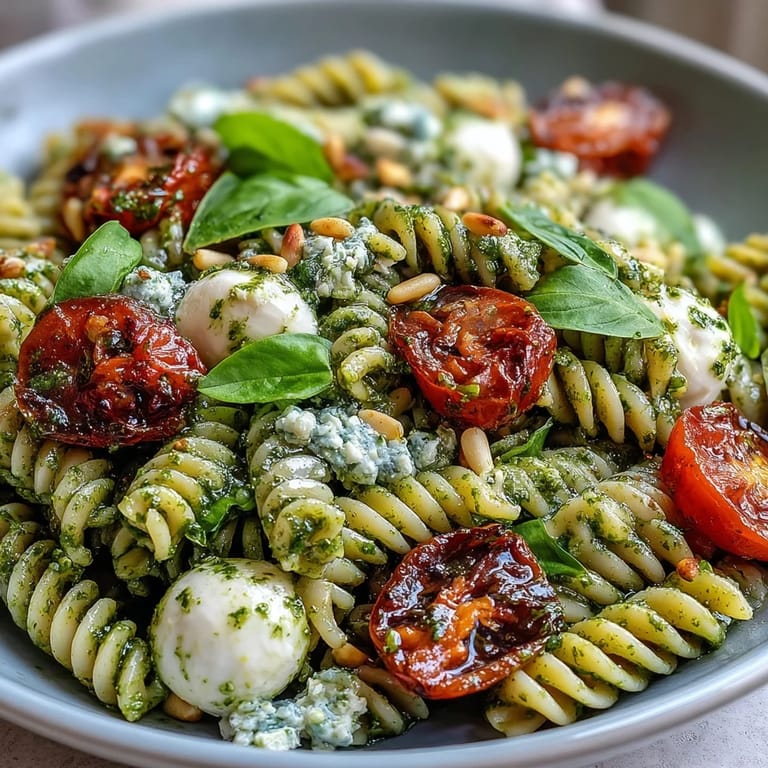Creamy mozzarella, juicy cherry tomatoes, and fresh pesto tossed with pasta in this easy, colorful summer pasta salad.
