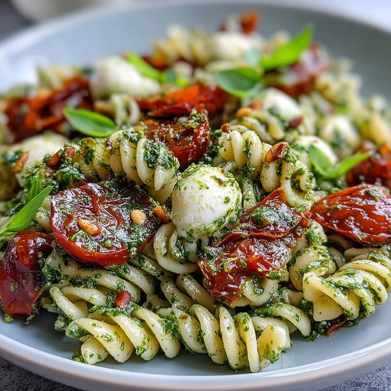 Refreshing pasta salad featuring bright pesto, sweet cherry tomatoes, and soft mozzarella—an ideal vegetarian dish for any gathering.