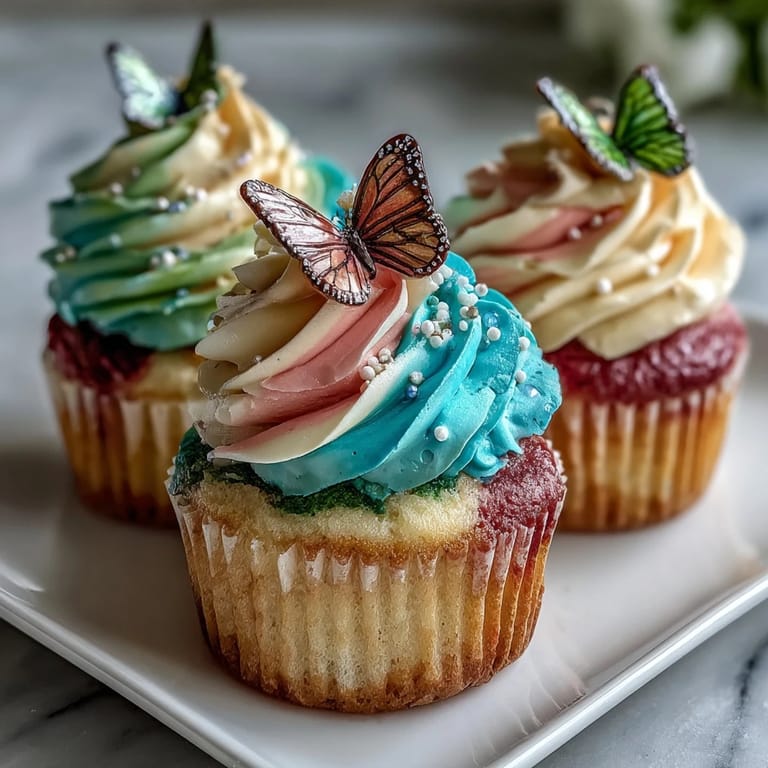 Vibrant pastel butterfly buttercream crowns these fluffy vanilla cupcakes, creating a cheerful and elegant spring dessert centerpiece.