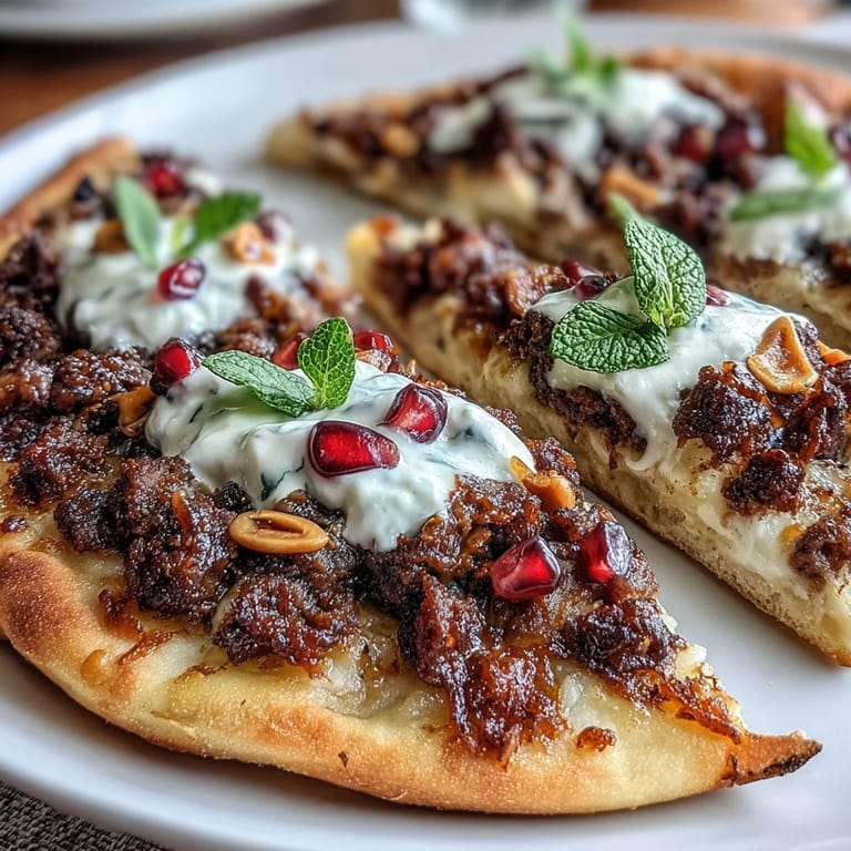 Middle Eastern-inspired flatbread pizza loaded with aromatic lamb, tangy yogurt, and jewel-like pomegranate seeds for a vibrant, satisfying meal.