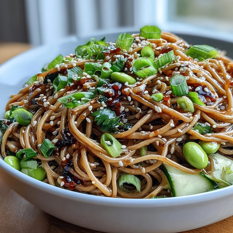 Cold sesame ginger noodle bowl with crisp vegetables, fragrant herbs, and a tangy dressing, perfect for a light lunch or dinner.