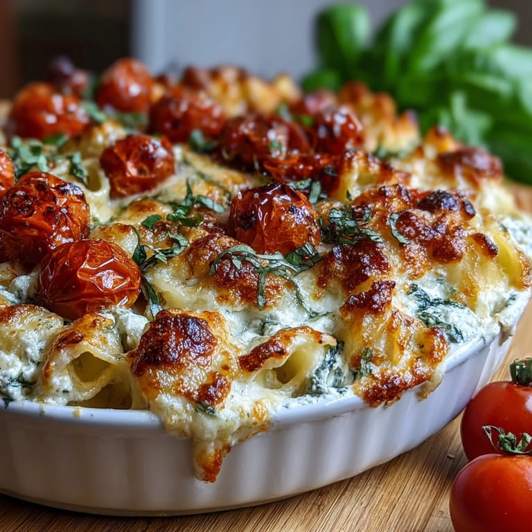 Garlic herb Baked Boursin Pasta, a comforting oven-baked meal with fresh basil.