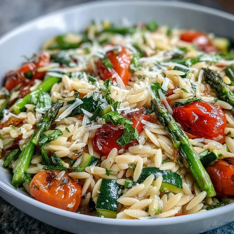 A delicious vegetarian Orzo Primavera, perfectly plated for a healthy spring meal.