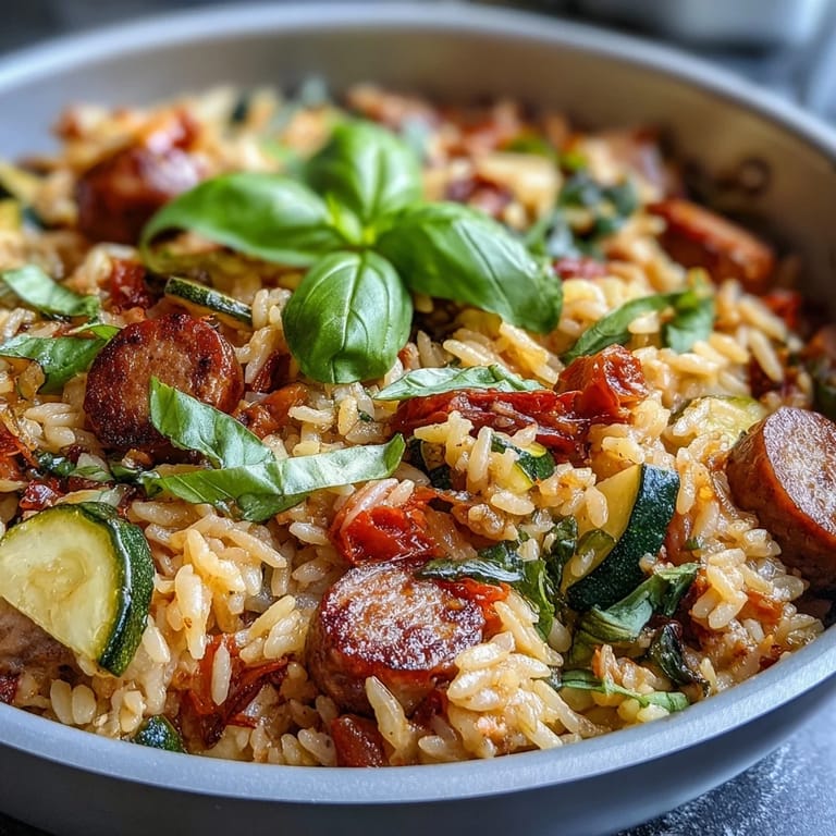 Hearty One-Pan Italian Orzo Skillet, showcasing tender orzo and vegetables with sausage.