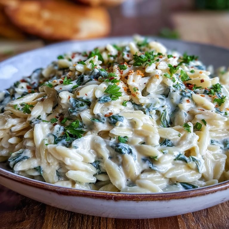 Gooey Spinach Artichoke Orzo, a comforting vegetarian pasta dish perfect for dinner.