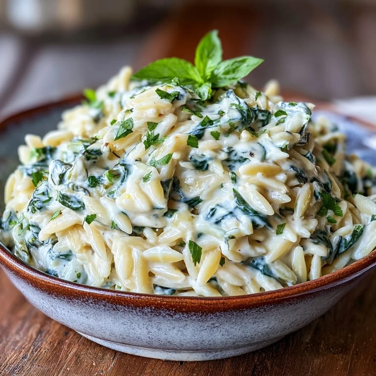 Vibrant green Spinach Artichoke Orzo boasting tender pasta and savory cheese sauce.