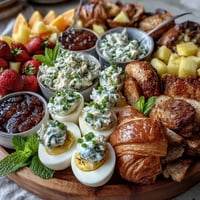 Vibrant Easter brunch board with deviled eggs, fresh fruit, and pastries, perfect for a festive holiday spread.