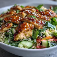 Freshly grilled chicken slices rest atop fluffy pearl couscous and vibrant veggies, drizzled with a sesame ginger dressing.