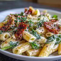 Creamy One-Pot Tuscan Pasta with spinach and sun-dried tomatoes in a rich, wine-infused sauce.