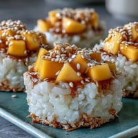 Sweet and creamy Coconut Mango Sticky Rice Cups topped with vibrant, fresh mango.