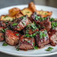 Tender Garlic Butter Steak Bites and Potatoes, seared golden-brown with herbs.